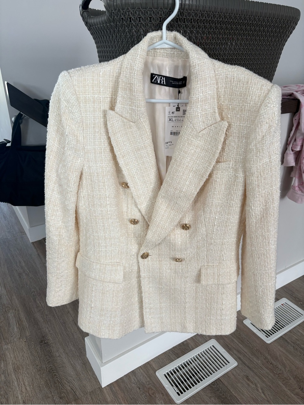 Zara Cream Tweed Double-Breasted Blazer with Gold Buttons